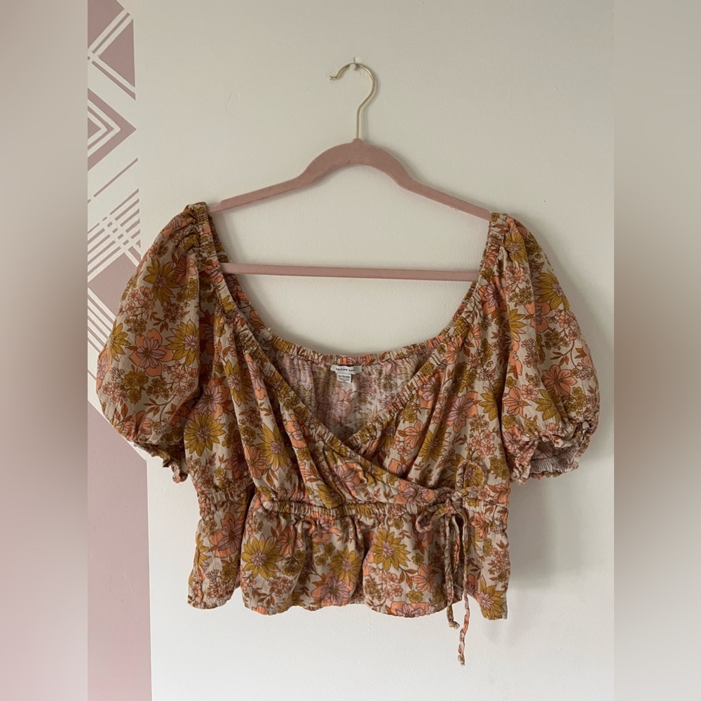 American Eagle Outfitters Floral Wrap Puff Sleeve Crop Top - Pink, Yellow, Cream